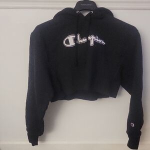Champion Women's Black Cropped Hoodie Sweater Size Small